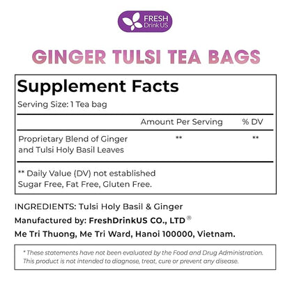 FreshDrinkUS Premium 75 Ginger Tulsi Tea Bags, 100% Natural, Hand-made Blend of Ginger and Tulsi Holy Basil Leaves, Eco-conscious Tea Bags. No Sugar, No Caffeine, Vegan