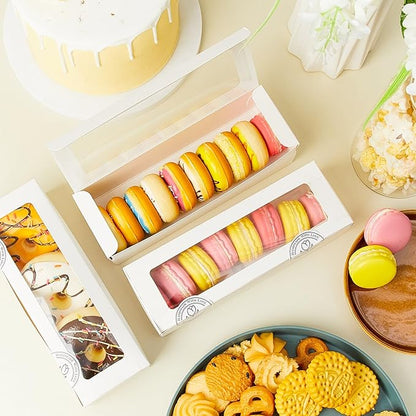 Sherr 150 Pcs White Macaron Boxes with Window, Cookies Boxes with 200 Pcs Stickers Long Bakery & Dessert Gifts Containers for Donuts, Pastry, Chocolate Covered Strawberry