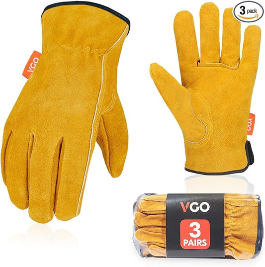 Vgo... 3-Pairs Unlined Cowhide Split Leather Work and Driver Gloves, for Heavy Duty, Truck Driving, Warehouse, Gardening, Farm (Size XL, Gold, CB9501)