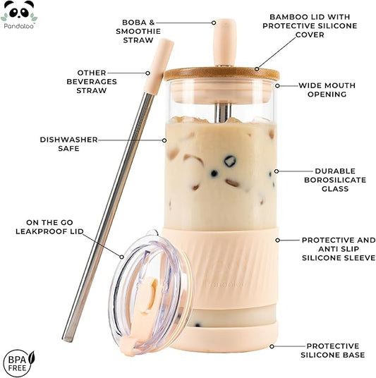 Pandaloo® Glass Cups With Lids and Straws -20 Fl Oz- Perfect Size Iced Coffee Cup - Smoothie Cup With Bamboo Lid and On the go Lid - Glass Tumbler With Straw (1 Count (Pack of 1), Vanilla Cream)