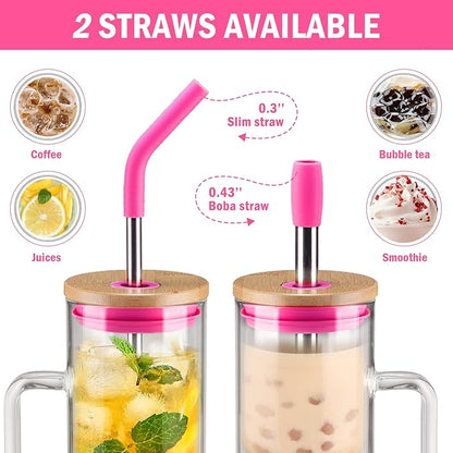 Kodrine Tumbler with Lid and Straw, 20 oz Glass Coffee Tumbler with Handle, Smoothie Cup with Bamboo Lid | Time Marker | Silicone Protective Sleeve, BPA Free -Rose Red