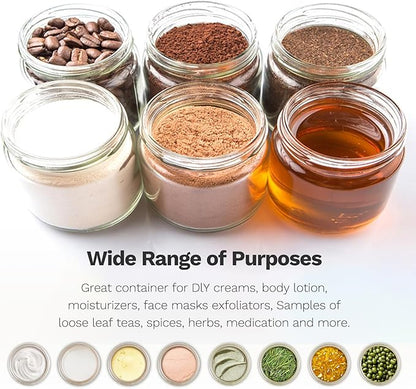 2 oz Glass Jars with Plastic Woodgrain Lids, Bumobum 48 pack Round Clear Cream Jars with Black and White Labels & Inner Liners, Empty Cosmetic Containers for Cream, Lotion, Ointment