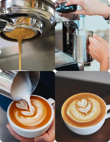 Milk Frothing Pitcher, 16oz Stainless Steel Milk Frother Cup Steaming Pitcher, Cappuccino Espresso Accessories Coffee Bar Barista Tools, Metal Steamer Cup Milk Jug with Latte Art Pen