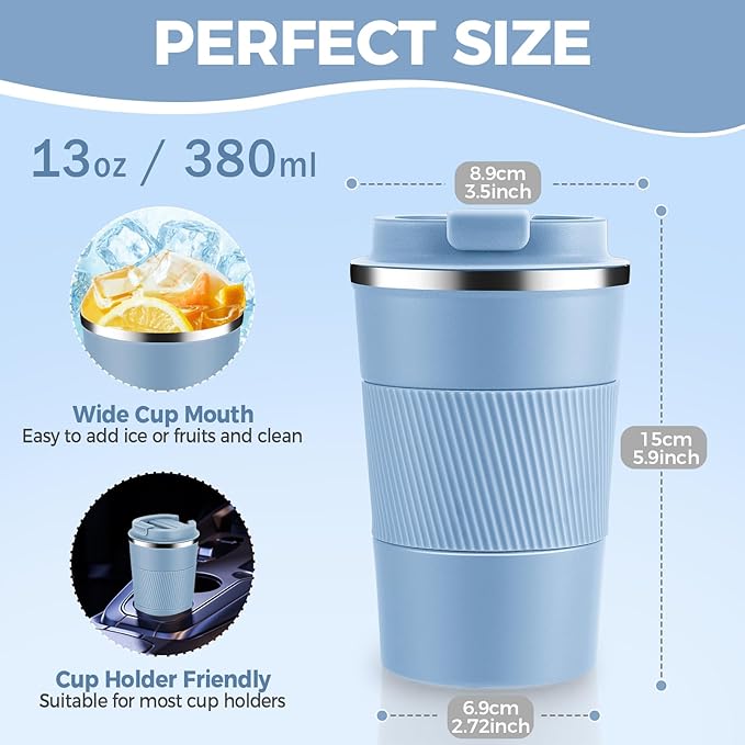 Volhoply 13 oz Stainless Steel Insulated Travel Coffee Mug with Fip Lid Bulk 4 Pack,Reusable Double Wall Vacuum Metal Coffee Cup,Portable Leak Proof Thermal Tumbler for Hot & Cold Drinks(Fog,4)