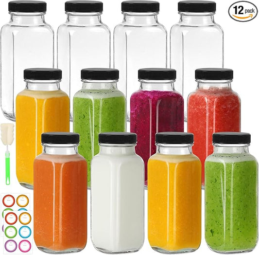 8 oz Glass Juice Bottles with Lids 12 Pack,Reusable Glass Drink Bottles,250ml Water Drinking Jars for Milk,Juicing,Kombucha,Ginger,Beverage Glassware,Juice Drinking Jars