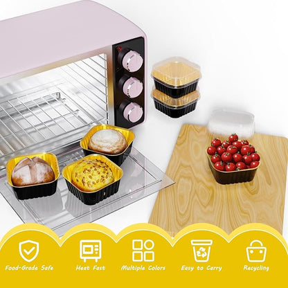 25 Pack Square Mini Cake Pans with Lids,Mini Loaf Pans with Lids,Aluminum Foil Baking Cups,Disposable Ramekins Cupcake Cups,Dessert Cups for Wedding Birthday Party,5oz (Black&Gold)