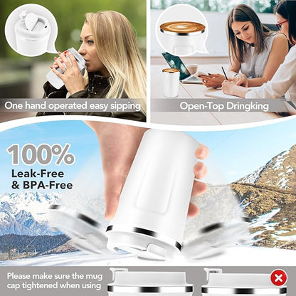 Volhoply 12 oz Double Wall Insulated Vacuum Travel Coffee Mugs with Flip Lid Bulk 2 Pack,Reusable Stainless Steel Leak Proof Coffee Cup,Portable Cafe Thermal Tumbler for Hot & Cold Drinks(White,2 Set)