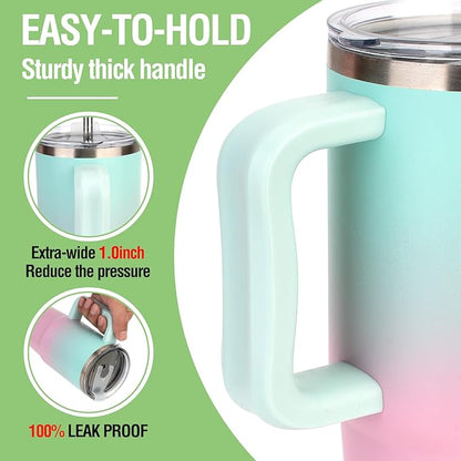 Zukro 24 oz Ceramic Lined Insulated Tumbler with Handle and Straw, No Metal Taste or Smell, Travel Coffee Mug with Spillproof Lids, No Sweat Stainless Steel Cup, Dishwasher Safe, Bubblegum
