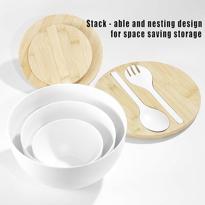 Large Salad Bowls with Bamboo Lids Set of 3, Mixing Nesting Bowls Round Serving Bowls with Servers for Salads, Kitchen Eating, Pastas, Popcorn, Chips, Trifle, Fruit, Food Prepare (White,10",8",6" )