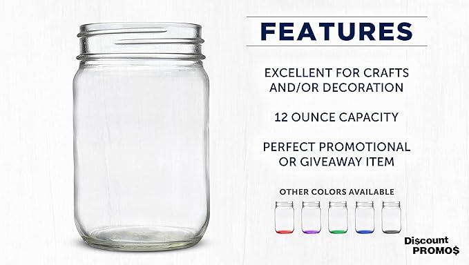DISCOUNT PROMOS Decorating Mason Jars 12 oz. Set of 10, Bulk Pack - Glass Jars for Overnight Oats, Candies, Fruits, Pickles, Spices, Beverages - Clear