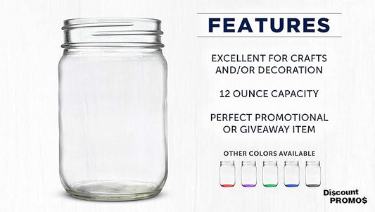 DISCOUNT PROMOS Decorating Mason Jars 12 oz. Set of 10, Bulk Pack - Glass Jars for Overnight Oats, Candies, Fruits, Pickles, Spices, Beverages - Clear