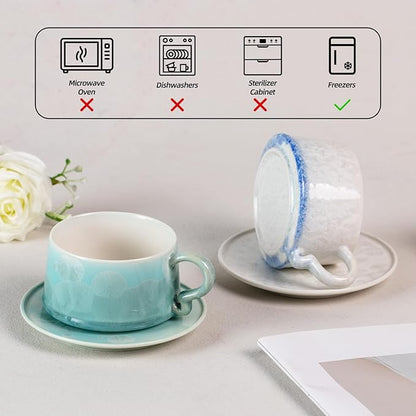 KAMMAK Tea Cups and Saucers Set of 2, Porcelain Coffee Cups, 7.5oz Crystalline Glaze Espresso Mugs, Ceramic Demitasse for Coffee, Cappuccino, Latte, Americano, Tea (Light green + Light blue)