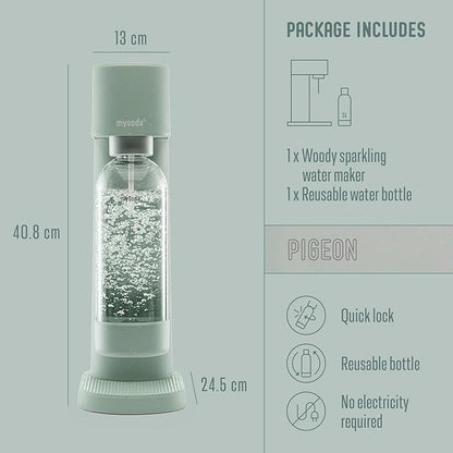 Mysoda Woody Sparkling Water Maker - Silent Carbonated Water Machine Made of Renewable Wood Composite and 1L Water Bottle - Without CO2 Cylinder - Seltzer Maker Machine - Colour Sage Green