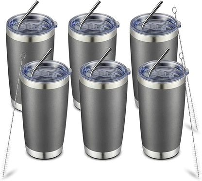 COMOOO 20oz Double Wall Vacuum Insulated Travel Mug, Stainless Steel Tumbler with Lid, Durable Powder Coated Insulated Coffee Cup for Cold & Hot Drinks (Cold Grey, 6 Pack)