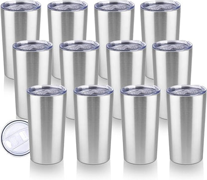 HASLE OUTFITTERS 12oz Skinny Tumbler Bulk, Slim Tumblers Set with Lid, Double Wall Stainless Steel Insulated Travel Coffee Mug, Durable Powder Coated Travel Water Cup(Stainless Steel, 12)