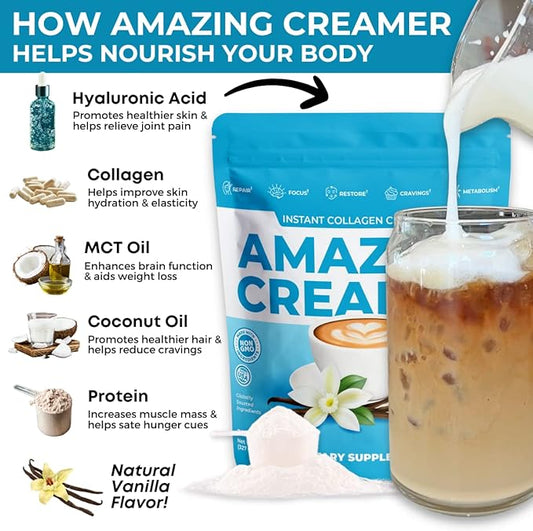 Superfoods Company Amazing Creamer with Collagen - Keto Creamer-Hyaluronic Acid & MCT Oil - Brain Boost & Curbs Cravings - Supports Healthy Skin & Hair - Diet-Friendly [30 Servings] [Vanilla]