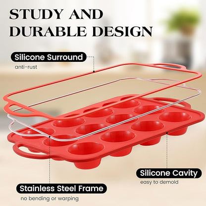 1 Pc Silicone Muffin Pan for Baking with Metal Frame, Nonstick 12 Cup Regular Size Cupcake Pan, Silicone Muffin Tray for Egg Bites (Red)