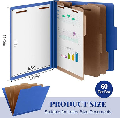 60 Pcs Classification Folders Letter Size, Back to School Supply for Teacher, Student, 3 Dividers Pressboard File Folder Bulk with 2 Fasteners, 3.5 Inch Expanding File Organizer (Dark Blue)