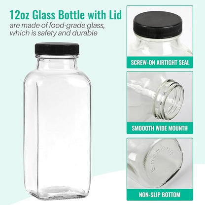 12 oz Glass Juice Bottles with Lids 6 Pack,Reusable Glass Drink Bottles,350ml Water Drinking Jars for Milk,Juicing,Kombucha,Ginger,Beverage Glassware,Juice Drinking Jars