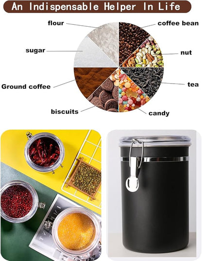Stainless Steel Food Container with Clear Lids Airtight Storage Container Small Canisters Kitchen Pantry Storage for Cereal, Snacks, Candy, Herbs, Spices, Sugar, Tea (1.8L Dark Black)