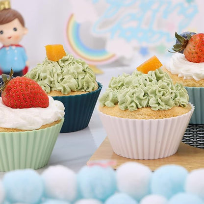 Large Silicone Baking Muffin Cups, 12 Pack Reusable Cupcake Liners Jumbo Size 3.54inch Cake Molds, BPA Free, Dishwasher Safe(White, Green, Navy, Dusty Blue)