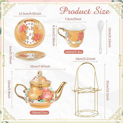 Zhehao 20 Pcs Porcelain Tea Set with Metal Holder and Spoon Adult Ceramic Tea Party Set European Flower Painting Teapot Cup Saucer Spoon Set for Women, Large Version(Stylish Style)