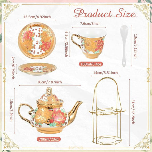 Zhehao 20 Pcs Porcelain Tea Set with Metal Holder and Spoon Adult Ceramic Tea Party Set European Flower Painting Teapot Cup Saucer Spoon Set for Women, Large Version(Stylish Style)