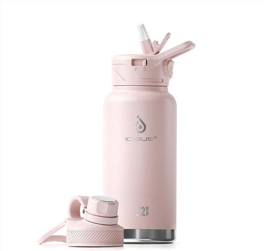 IDEUS Insulated Stainless Steel Water Bottle with 2 Leak-Proof Lids, Thermal Water Flask for Hiking Biking, 32oz, Light Pink