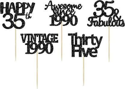 Gyufise 30 Pack Vintage 1989 Cupcake Toppers Black Glitter Thirty Five Happy 35 Cake Decorations Cheers to 35 Years Birthday Cupcake Picks 35th Birthday Anniversary Cake Decorations