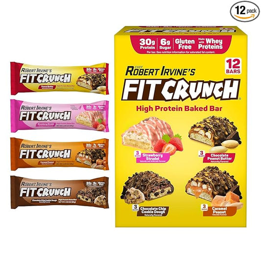 FITCRUNCH Full Size Protein Bars, 6-Layer Baked Bar, 6g of Sugar, Gluten Free & Soft Cake Core (12 Bars, Variety Pack)
