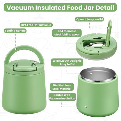 20oz Insulated Vacuum Food Jar with Buckle Lid,Soup Thermo for Hot Food Kids,Wide Mouth Leakproof Stainless Steel Lunch Container with Spoon-Green
