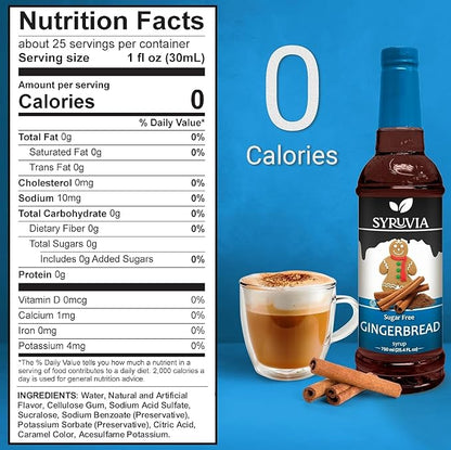 Syruvia Sugar Free Gingerbread Syrup for Coffee, Flavored Syrup for Drinks, Lattes, and Desserts – 25.4 fl oz, With Pump