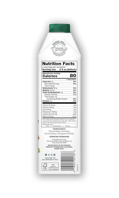 Elmhurst 1925 Vanilla Pistachio Milk Unsweetened - 32 Ounce (Pack of 6) Dairy-Free, Vegan, Kosher, Shelf Stable Milk Made w/Vanilla, Water & Pistachio for Healthier, Simpler Plant-Based Alternatives
