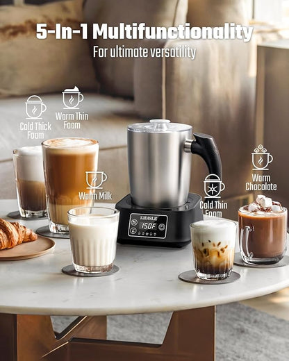 5-in-1 Milk Frother and Steamer, 17oz Detachable Frother with Adjustable Temperature, Stainless Steel Milk Steamer, Hot & Cold Foam Maker for Coffee, Latte, Hot Chocolate, Dishwasher Safe