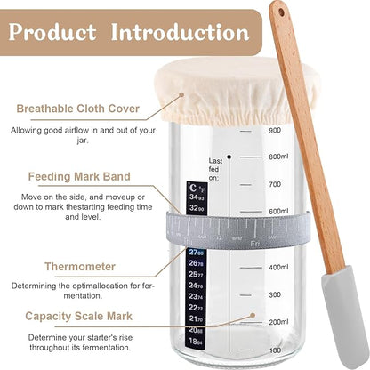 Sourdough Starter Jar, 1000ML Sourdough Starter Kit with Date Marked Feeding Band, Thermometer, Cloth Cover & Metal Lid, Reusable Sourdough Bread Baking Supplies, Home Baking Supplies