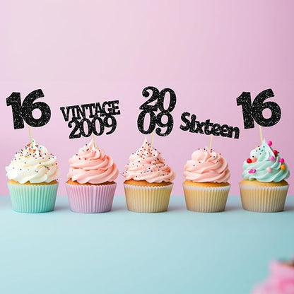 Gyufise 24Pcs 16th Birthday Cupcake Toppers Glitter Sixteen Vintage 2009 Sweet 16 Cupcake Picks Hello 16 Years Birthday Cake Decorations for Happy 16th Birthday Anniversary Party Supplies Black