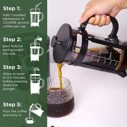 French Press Coffee Maker, 34 Ounce 1 Liter, Stainless Steel, Cold Brew Heat Resistant Borosilicate Glass Espresso Coffee & Tea Maker with 4 Filter