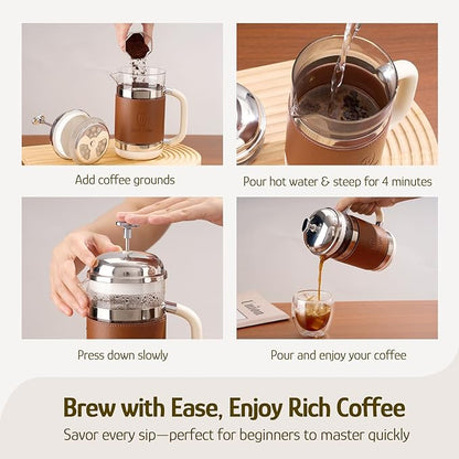 Hazel Quinn French Press Coffee Maker, 450ml/15oz, Heat-Resistant Borosilicate Glass, 304 Stainless Steel, BPA-Free, Easy to Clean, Precision Filtration for Coffee & Tea, Ideal for Home, Travel
