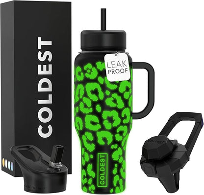 Coldest 40 oz Tumbler with Handle and Straw, 100% Leak Proof Insulated Tumbler with Lid and Straw (3 Lids), Stainless Steel Tumblers for Women & Men, Cup Holder Friendly, 36 oz (Glowie Leopard)