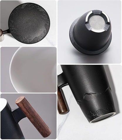 suyika Tomotime Ceramic Tea Cup with Infuser and Lid Tea Mugs Wooden Handle 400ml/13.5oz Black