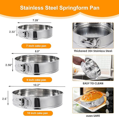 Aufind 10 Inch Springform Pan for Baking, 304 Stainless Steel Cheesecake Pan with Removable Bottom, Includes 12 Piping Tips and 50 Parchment Papers for Pie Cake Pizza and Quiches(10" Cake pan)