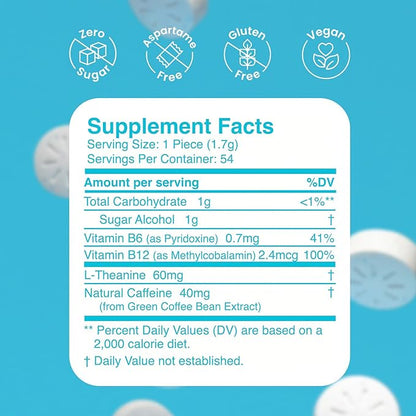 Neuro Energy & Focus Gum - 40mg Natural Caffeine Gum & Nootropic Energy Supplement with L-Theanine & B Vitamins - Sugar Free, Vegan - Cinnamon, 54ct