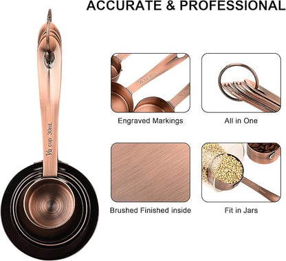 Copper Plated Measuring Cups and Spoons Set, Stainless Steel Measuring Cups and Spoons Set with 5 Kitchen Measure Cup, 6 Spice Measure Spoons, US&Metric Measuring Tools for Baking