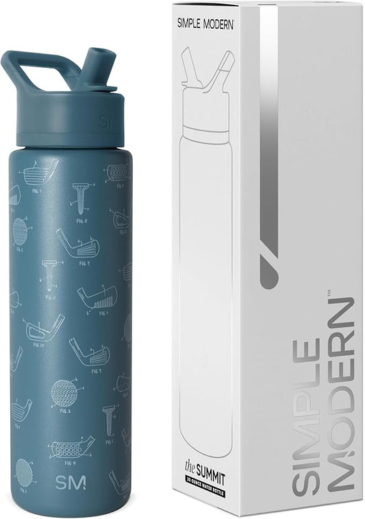 Simple Modern Father's Day Summit Water Bottle with Straw Lid | Vacuum Insulated Stainless Steel Metal Thermos | Reusable Leak Proof BPA-Free Flask for Sports Gym | 30oz, Golf Schematics