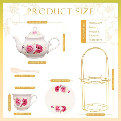 20-Pieces Porcelain Tea Sets For Women, Tea Set For Adult with Golden Metal Rack,Tea Gift Sets for Home&Party(014)