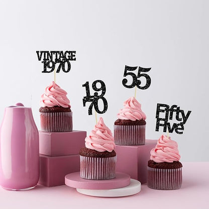 Gyufise 24Pcs Vintage 1970 Cupcake Toppers Glitter Cheers to 55 Fabulous Fifty Five Cupcake Picks 55th Birthday Wedding Anniversary Party Cake Decorations Supplies Black