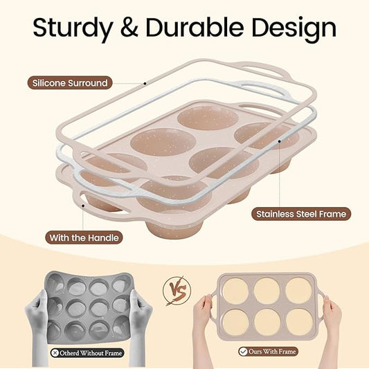 Vinino 2Pack Jumbo Silicone Muffin Pans for Baking with Metal Reinforced Frame, 6 Cups Large Size Nonstick Silicone Cupcake Pan, BPA Free Oven Dishwasher Safe Baking Mold for Muffins Cupcakes