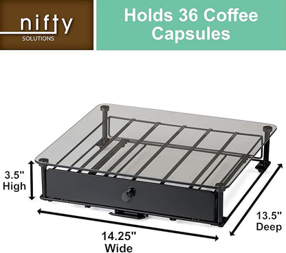 Nifty Rolling Coffee Pod Drawer – Tempered Glass, Black, Compatible with K-Cups, 36 Pod Pack Holder, Compact Under Coffee Pot Storage Drawer, Slim Home Kitchen Counter Organizer
