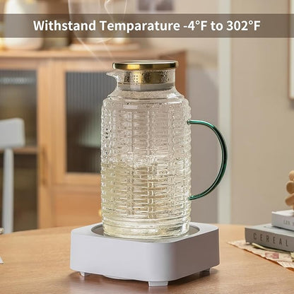 Glass Pitcher with Lid,84 oz/2.5 Liter Vintage Water Pitcher, Clear Borosilicate Glass Water Carafe for Cold Brew, Coffee, Lemonade, Iced Sun Tea, Juice, Beverage, Milk, Heat Resistant