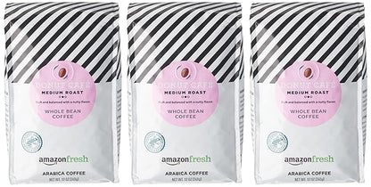 AmazonFresh Donut Cafe Whole Bean Coffee, Medium Roast, 12 Ounce (Pack of 3)